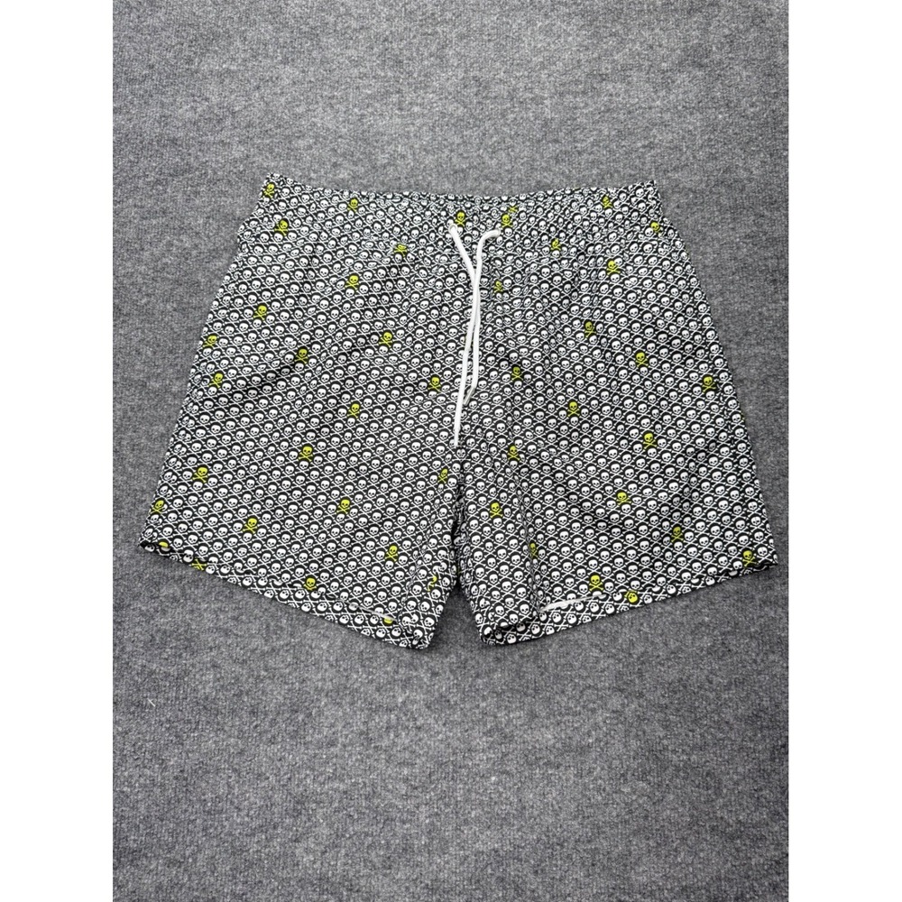 Collars & Co Mens Skull Crossbones Swim Trunks Black Green Large 5in Inseam